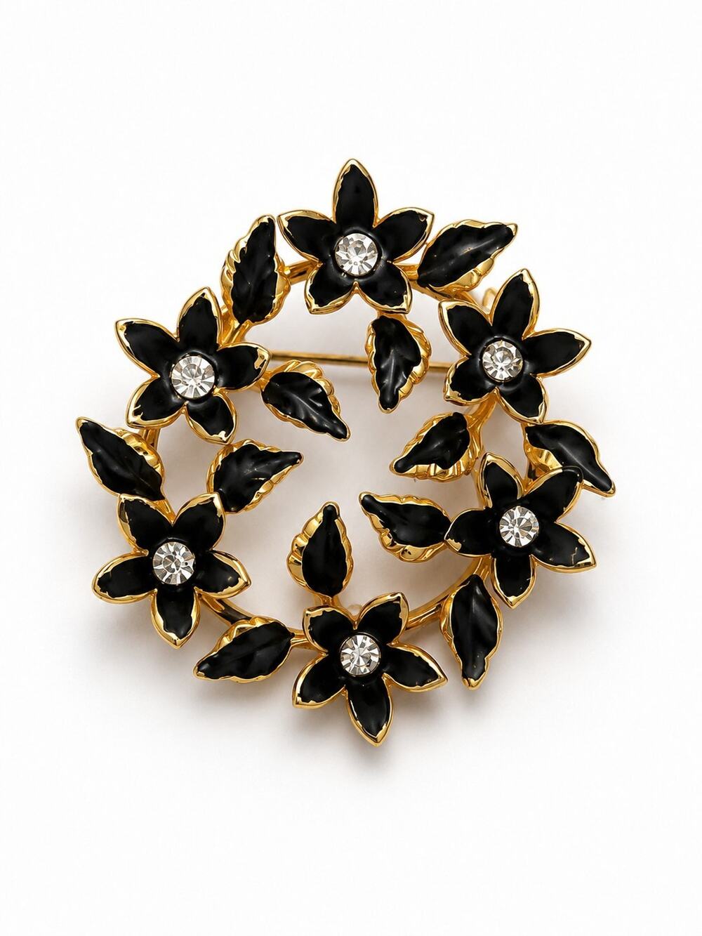 Vintage SchΓΆffel Austria Black Enamel Rhinestone Floral Wreath Brooch Crown